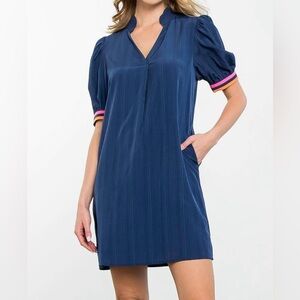 THML Navy Pink & Orange Notched Collar Berkeley Dress w/ Pockets XS